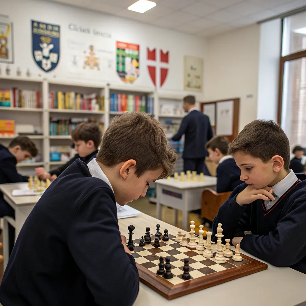 Students playing chess in a classroom setting at ARVIONEXIS Chess School